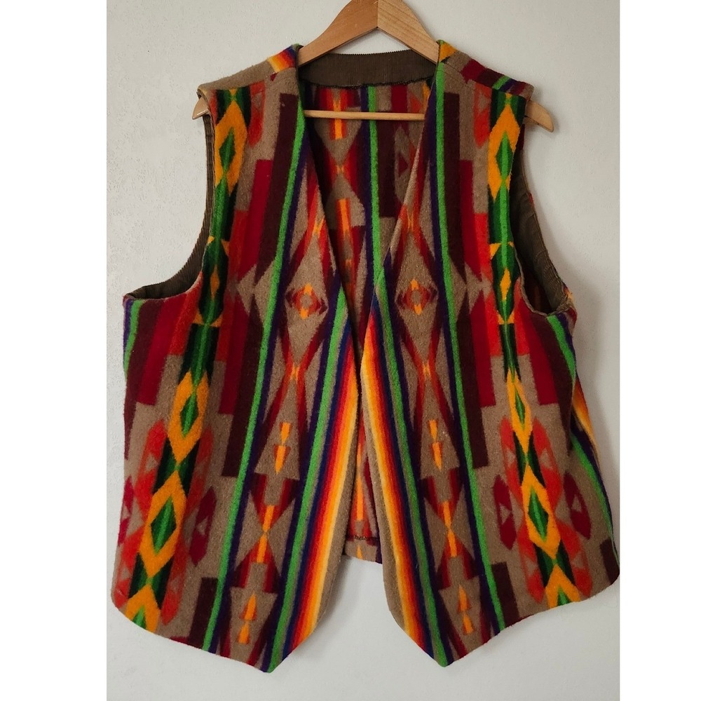 Vintage Southwestern Wool Feel Geometric Rainbow Stripe Open Front Vest Brown